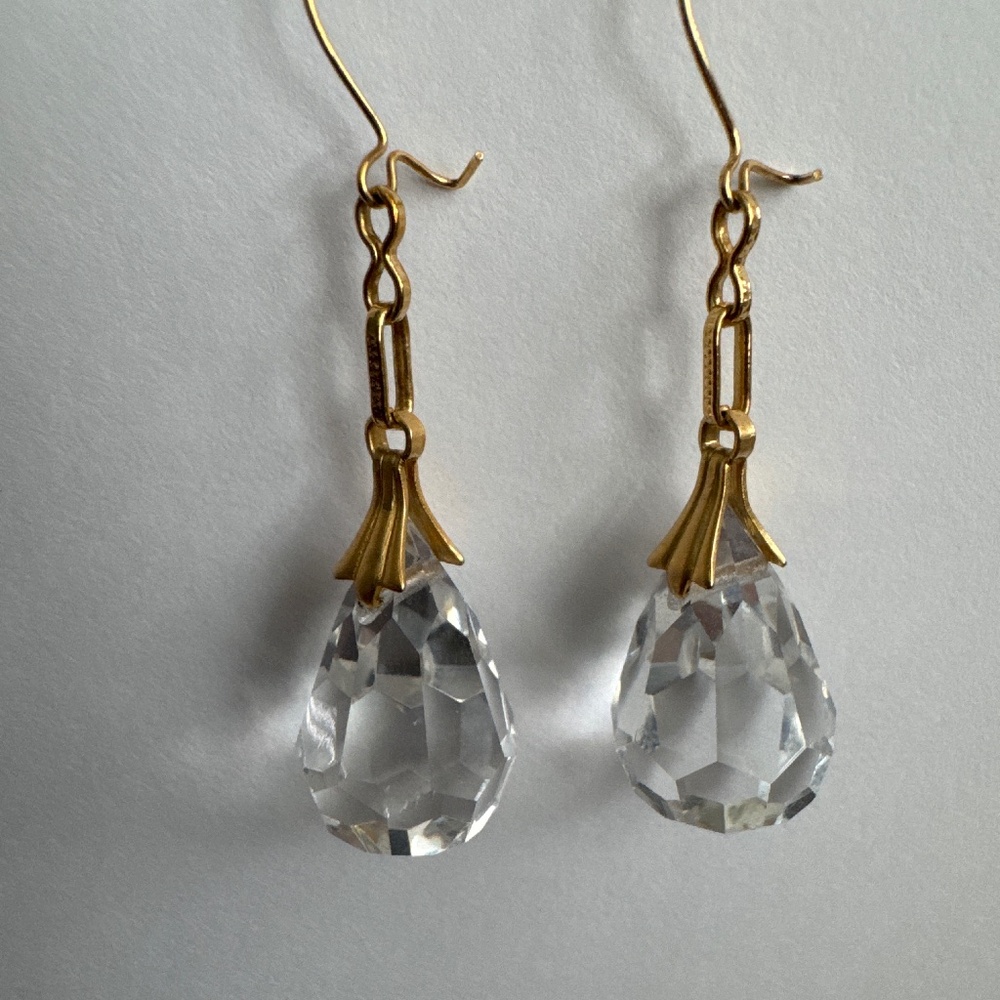 Gold tone  Filled Glass Crystal Faceted Drop Dangle